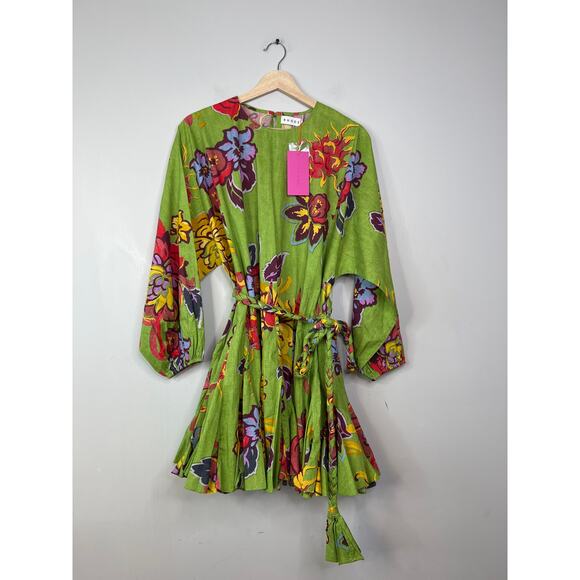 NWT Rhode Ella Blouson Sleeves Belted Green Lanai Mini Dress Green Size: Small - Picture 2 of 12